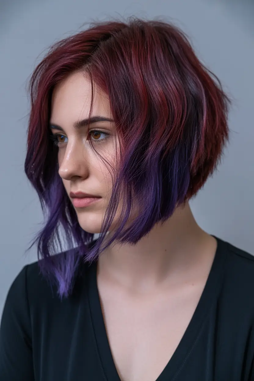 spring mid length haircut Edgy Burgundy Mid Length Bob With Hidden Violet Layers