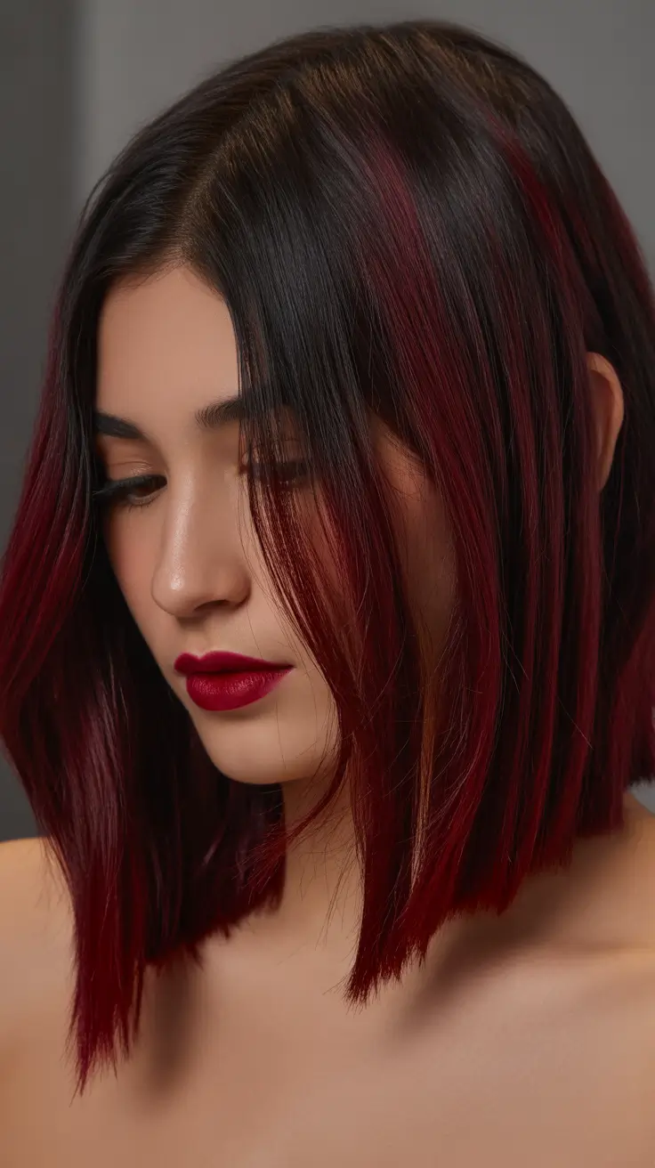 spring mid length haircut Glossy Deep Red Mid Length Blunt Bob