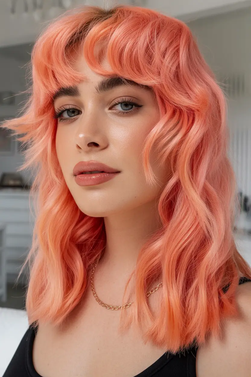spring mid length haircut Playful Peach Waves With Soft Fringe