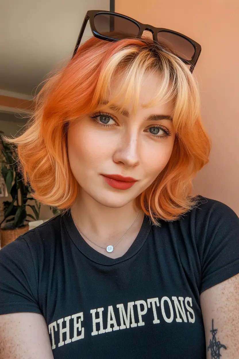 spring mid length haircut Playful Ginger Mid Length Cut With Curtain Bangs