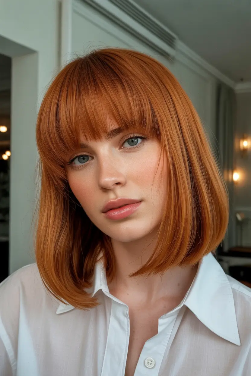 spring mid length haircut Polished Copper Shoulder Length Cut With Soft Full Bangs