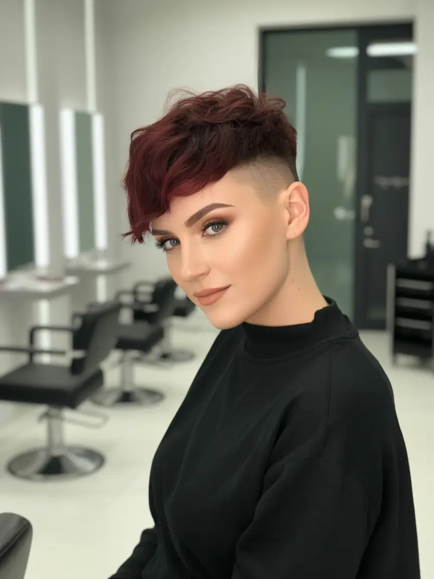 spring short haircut Deep Burgundy Asymmetrical Undercut Pixie