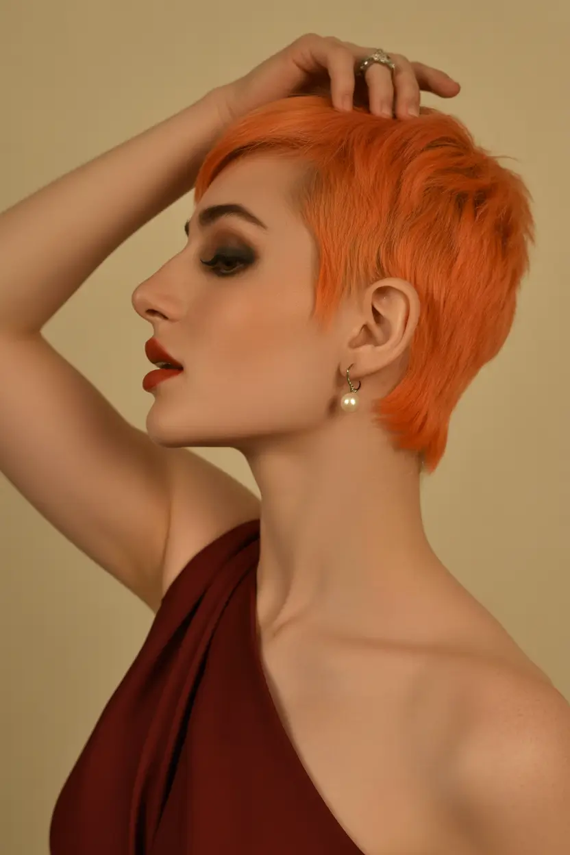spring short haircut Vibrant Tangerine Micro Pixie With Sharp Nape