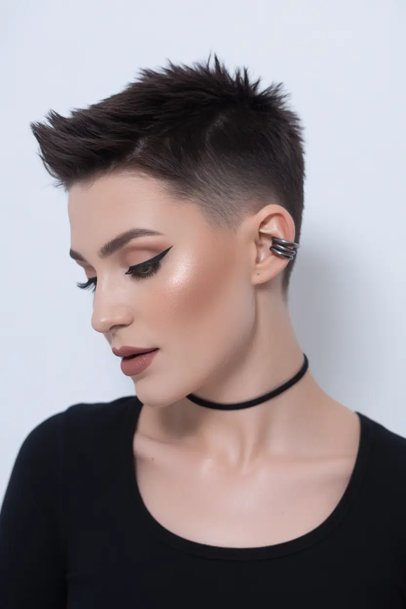 spring short haircut Edgy Brunette Textured Pixie With Lifted Crown