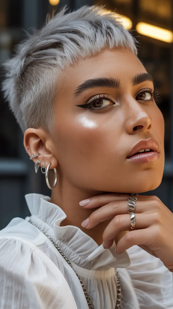 spring short haircut Platinum Cropped Pixie With Soft Feathered Texture