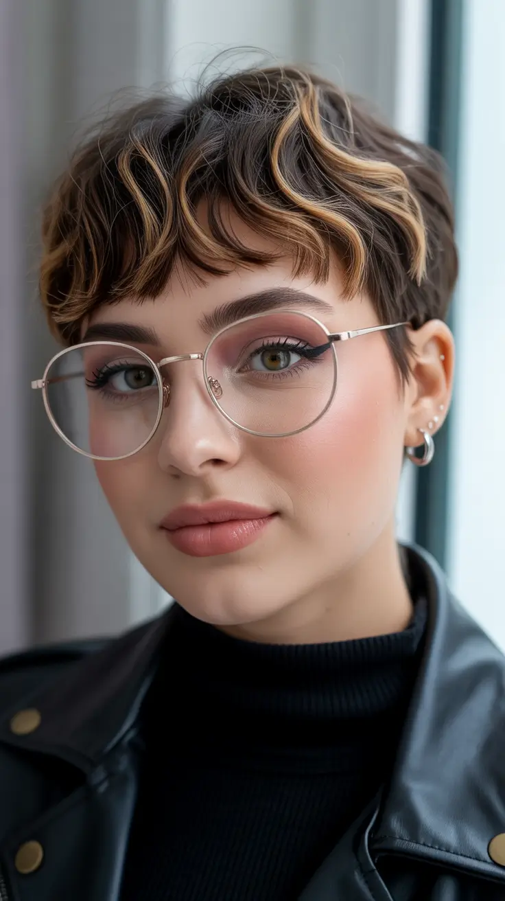 spring short haircut Soft Brunette Pixie With Caramel Ribbon Highlights