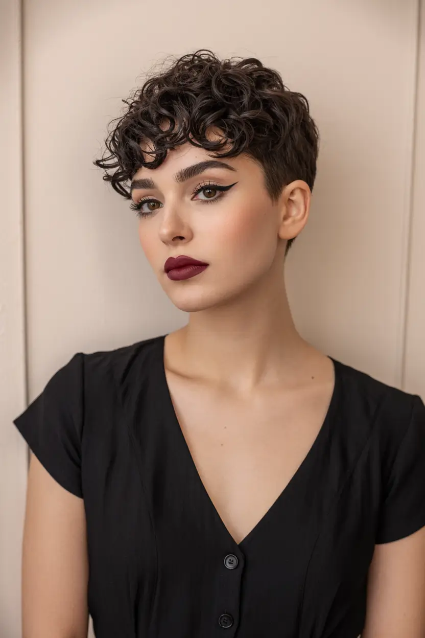 spring short haircut Structured Curly Pixie With Defined Crown Volume