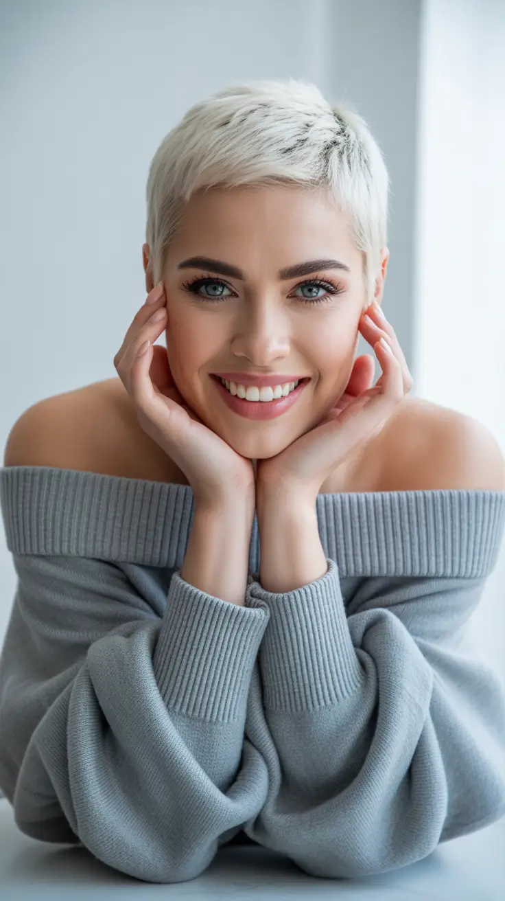 spring short haircut Classic Platinum Micro Pixie With Clean Lines