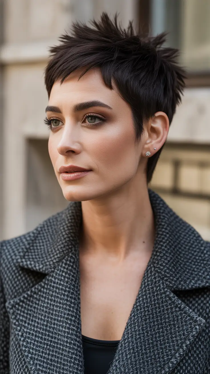 spring short haircut Textured Brunette Pixie With Modern Edge