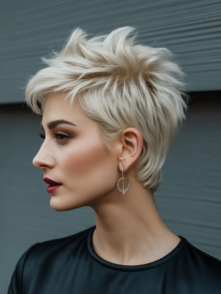 spring short haircut Feathered Platinum Pixie With Lifted Crown