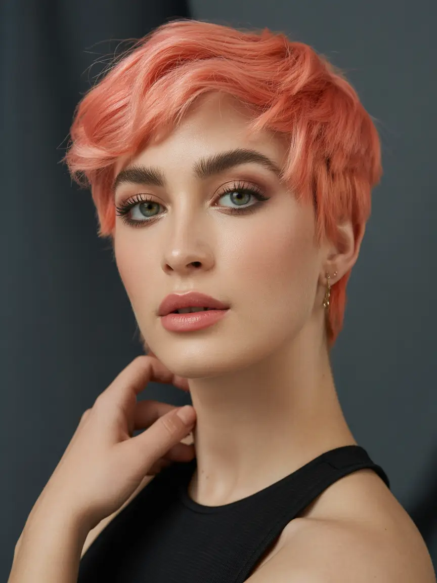 spring short haircut Soft Peach Layered Pixie With Side Sweep