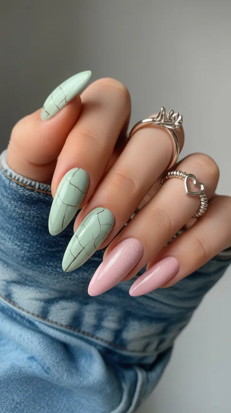 22 easter nails color ideas 2026 Mint And Pink Cracked Egg Easter Nails