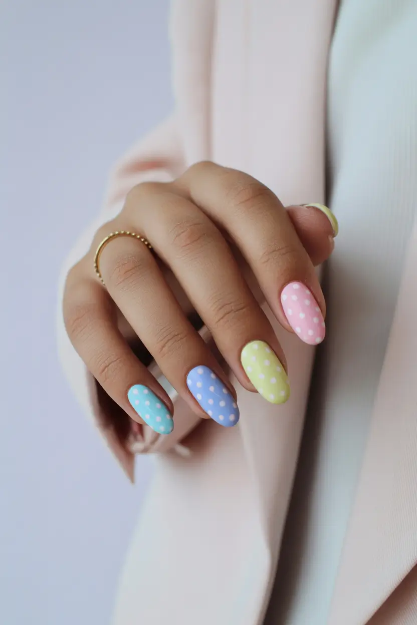 22 easter nails color ideas 2026 Playful Polka Dot Easter Pastel Nails