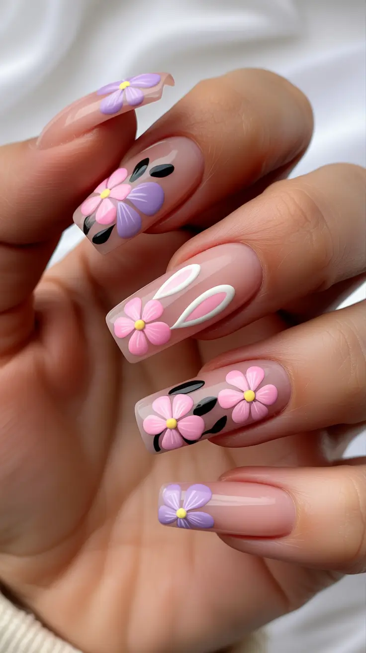 22 easter nails color ideas 2026 Floral Bunny Spring Nails With Soft Pastel Petals
