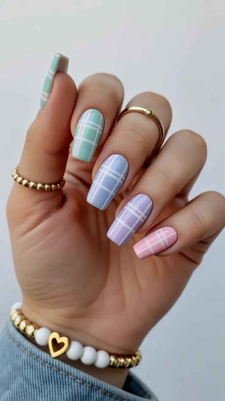 22 easter nails color ideas 2026 Pastel Plaid Easter Nails With Soft Spring Colors