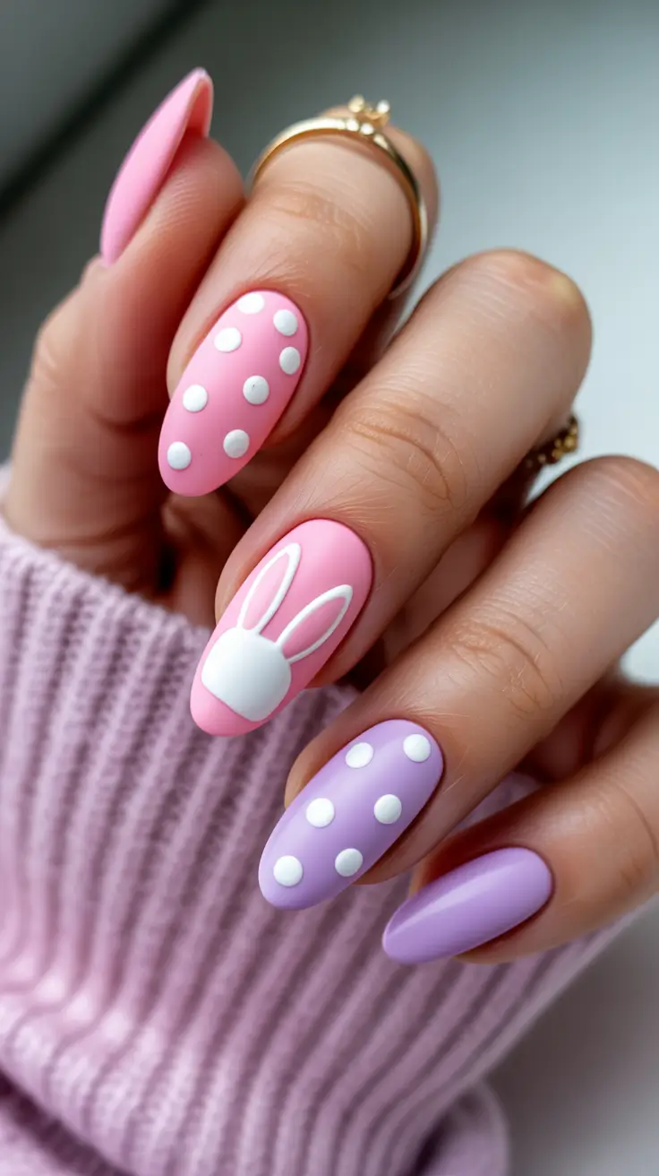 22 easter nails color ideas 2026 Playful Bunny And Polka Dot Easter Almond Nails