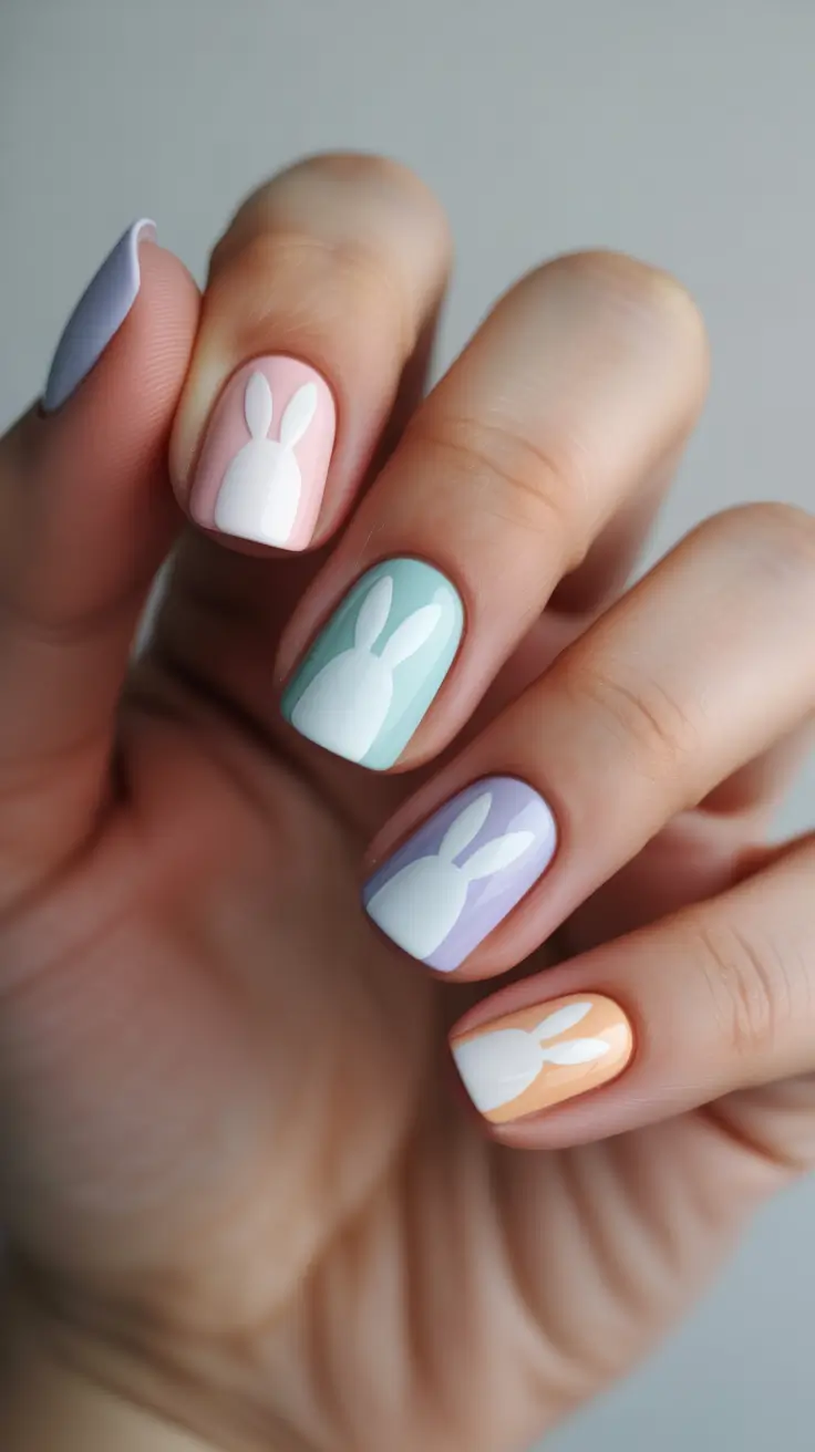 22 easter nails color ideas 2026 Minimal Pastel Bunny Silhouette Nails