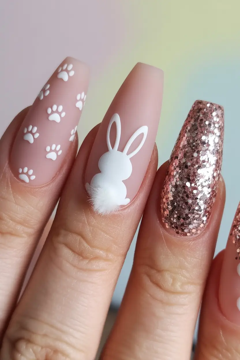 22 easter nails color ideas 2026 Rose Glitter And Bunny Silhouette Accent Nails
