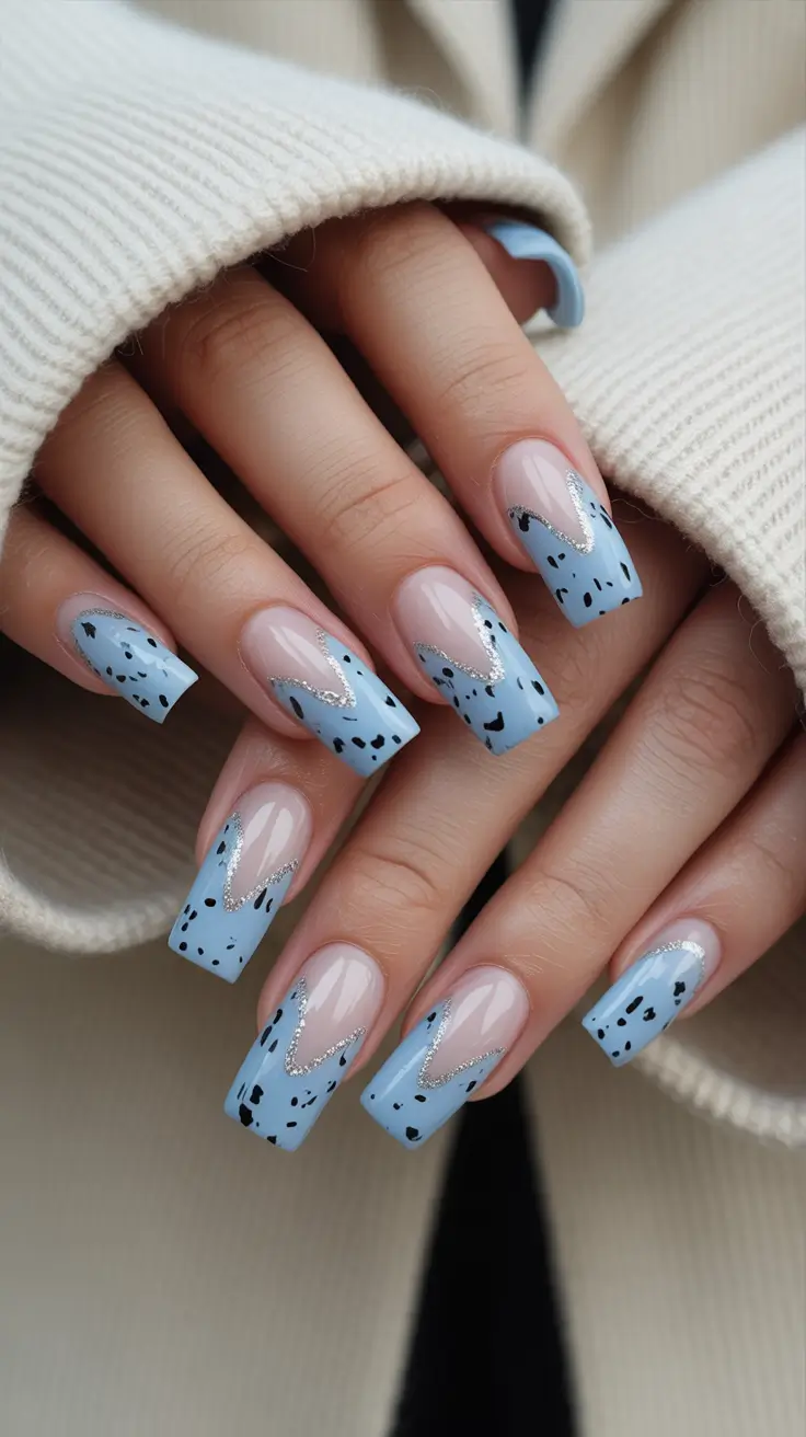 22 easter nails color ideas 2026 Speckled Blue French Easter Nails With Glitter Waves