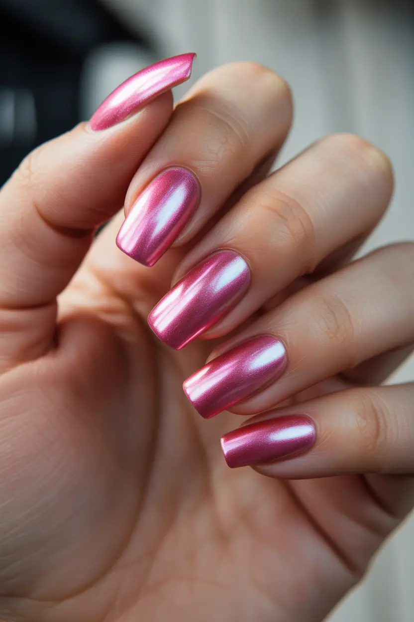 22 easter nails color ideas 2026 Glossy Metallic Pink Chrome Easter Nails