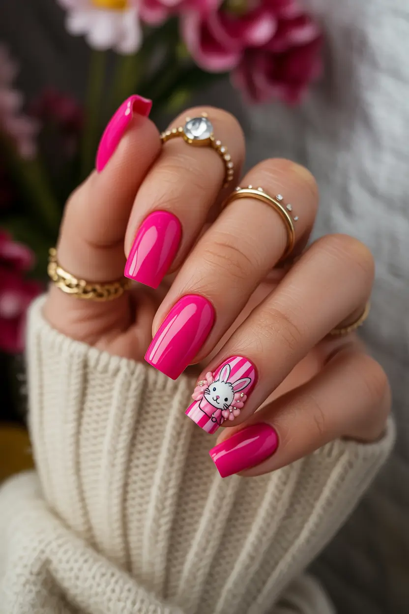 22 easter nails color ideas 2026 Bright Pink Easter Bunny Accent Manicure