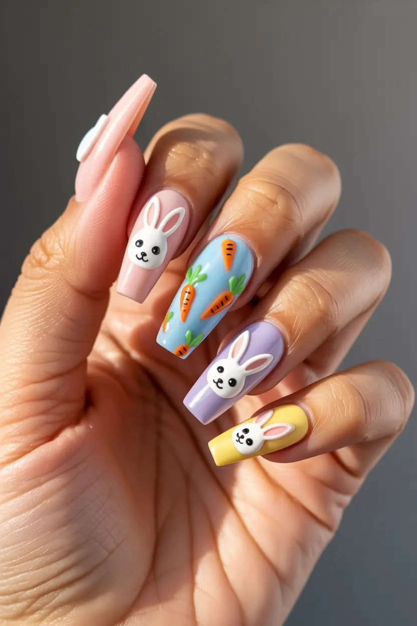 22 easter nails color ideas 2026 Pastel Bunny And Carrot Multi Color Easter Nails