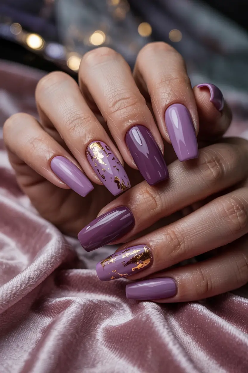 22 easter nails color ideas 2026 Elegant Mauve Spring Nails With Gold Foil Accents