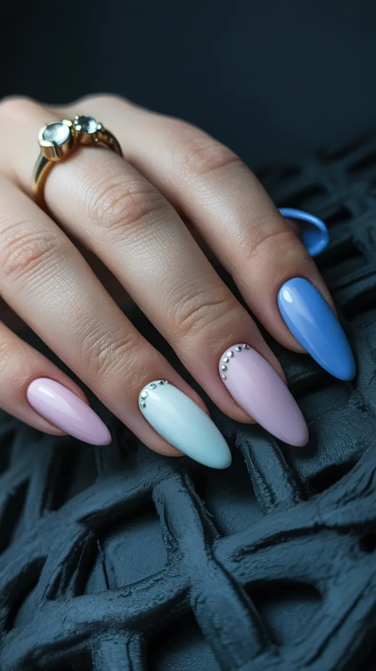 22 easter nails color ideas 2026 Pastel Almond Nails With Minimal Crystal Detail