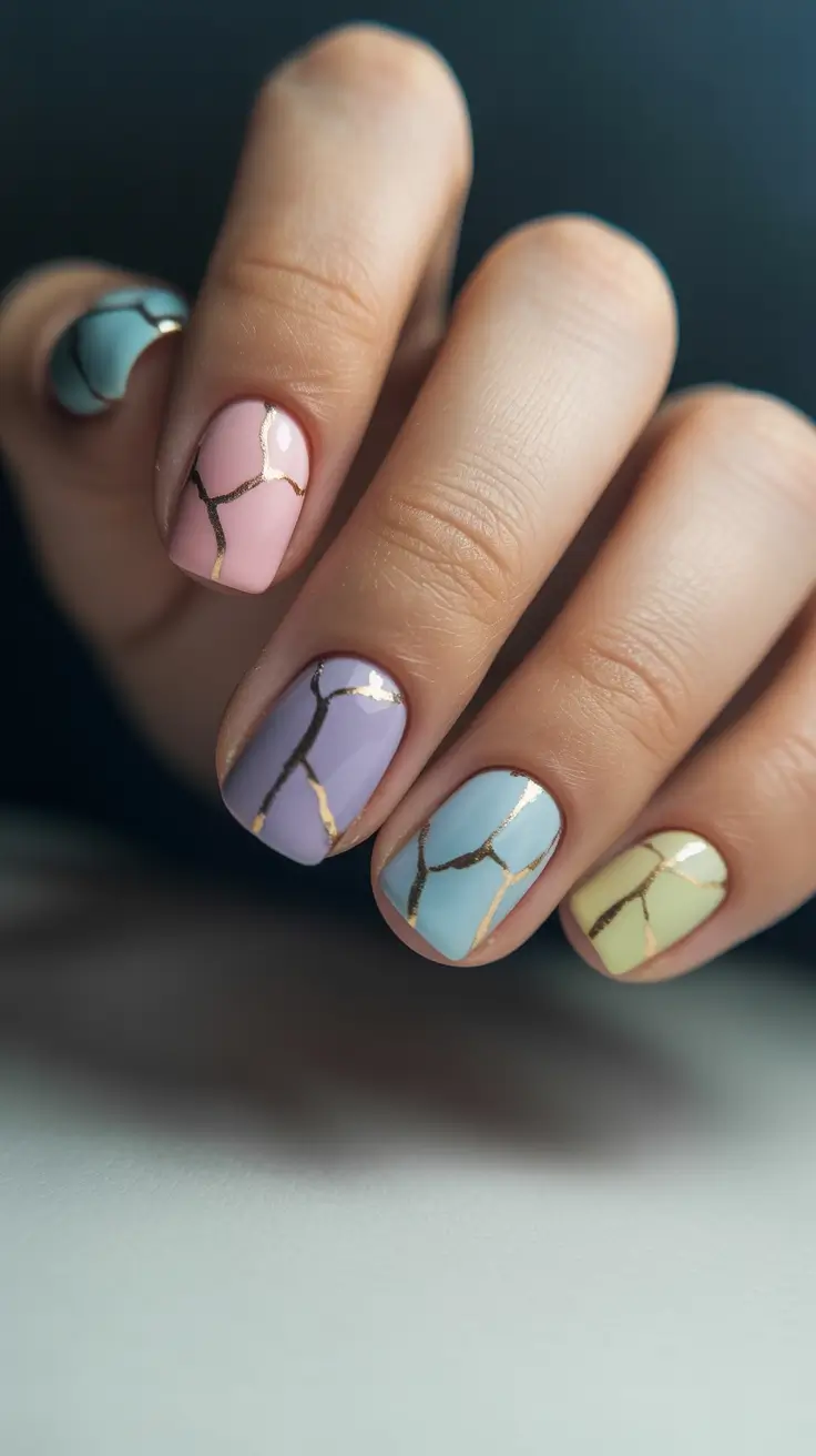 22 easter nails color ideas 2026 Pastel Marble Easter Nails With Gold Veining