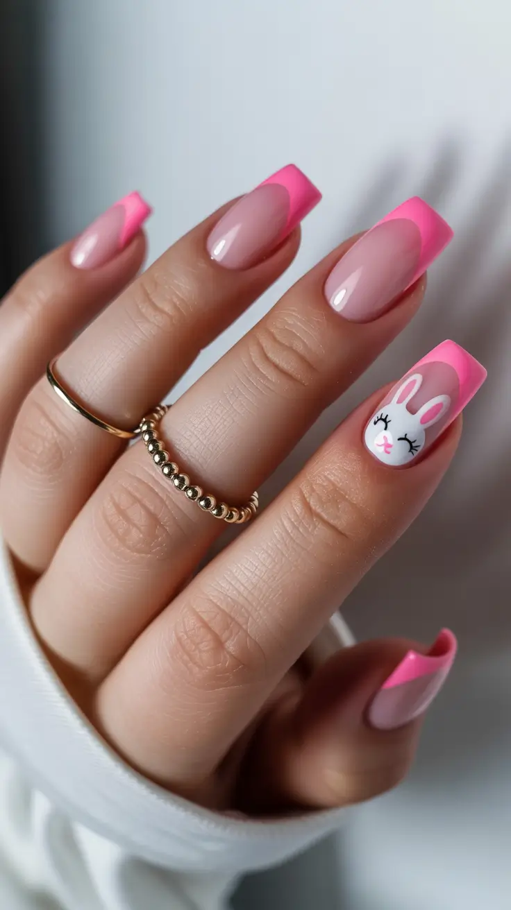 21 easter nails ideas 2026 Soft Pink French Tip With A Playful Bunny Accent