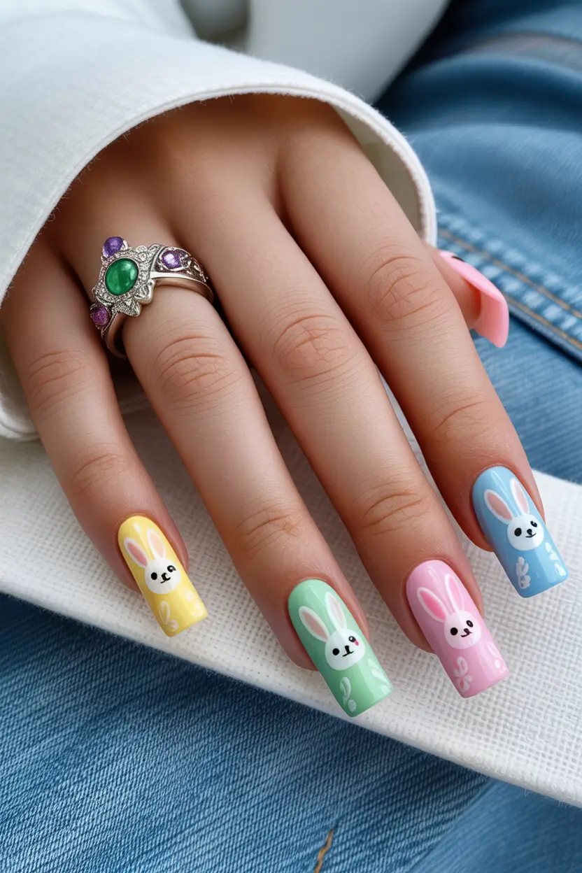 21 easter nails ideas 2026 Playful Pastel Bunny Nails In Bright Spring Colors