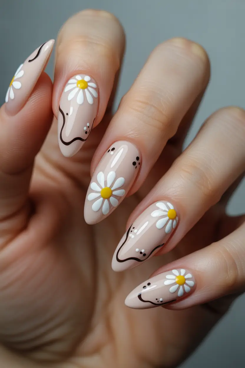 21 easter nails ideas 2026 Elegant Daisy Almond Nails With Soft Graphic Lines