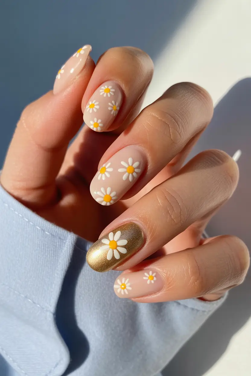 21 easter nails ideas 2026 Soft Short Daisy Nails With Golden Spring Accent