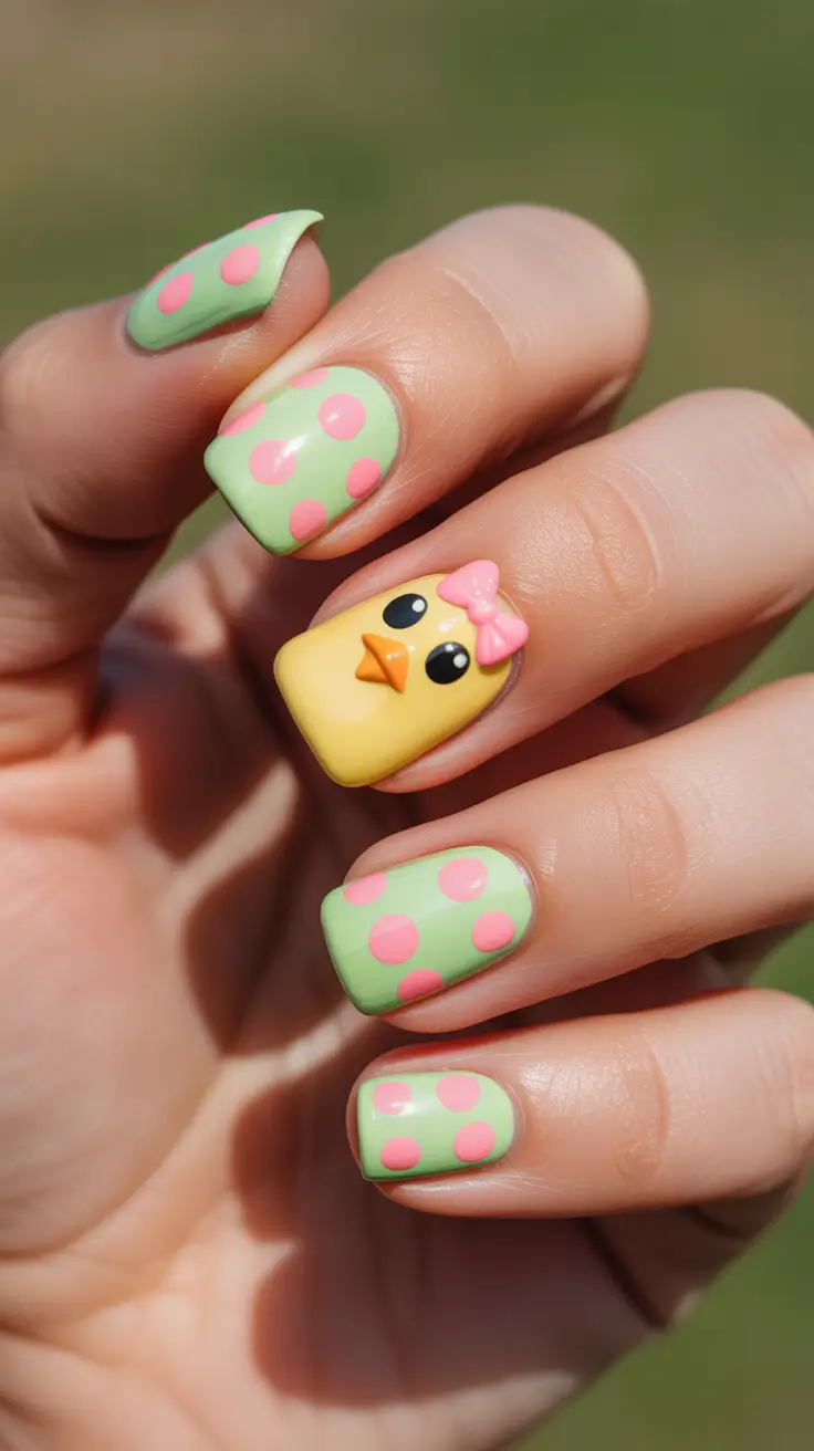 21 easter nails ideas 2026 Polka Dot Chick Easter Nails With Playful Accent