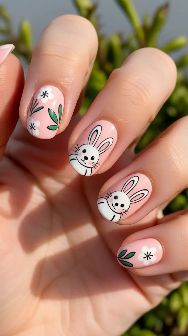 21 easter nails ideas 2026 Soft Pink Bunny Nails With Spring Floral Details