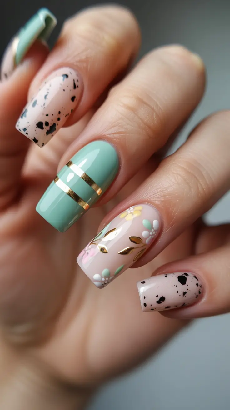 21 easter nails ideas 2026 Speckled Easter Egg Nails With Spring Gold Accents