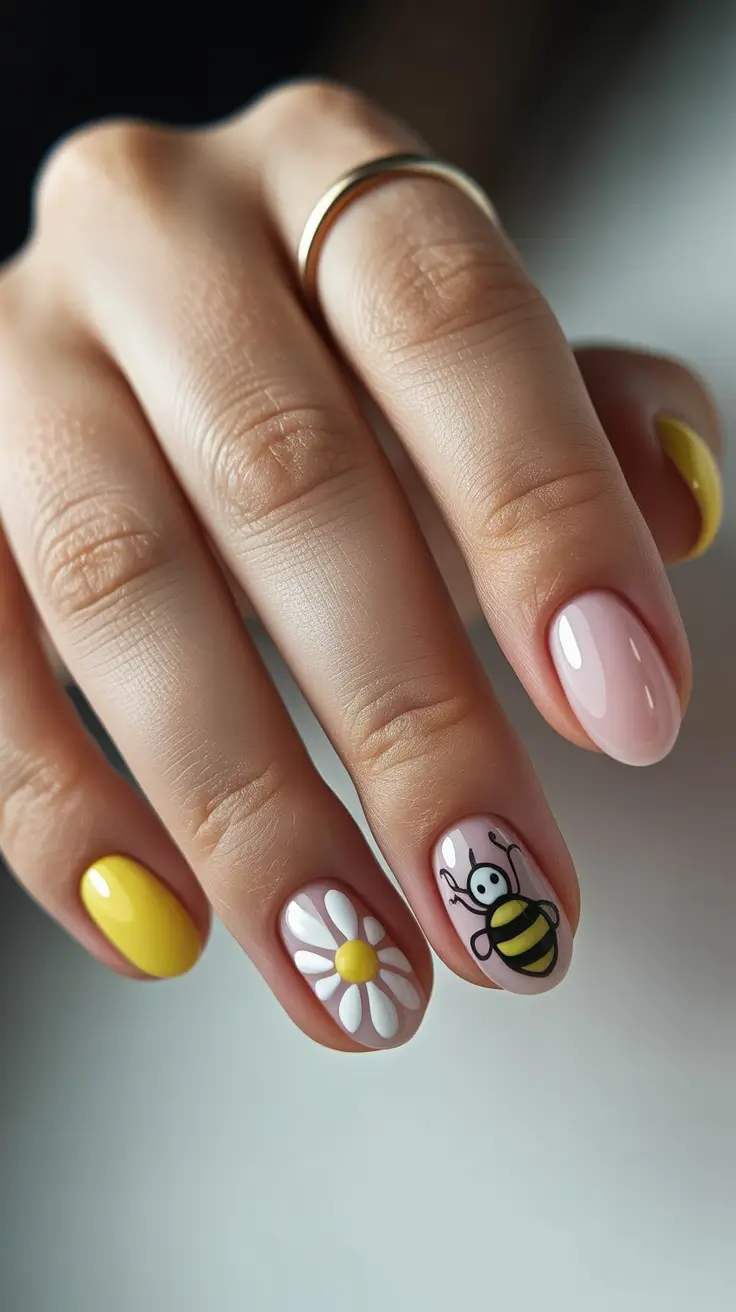 21 easter nails ideas 2026 Spring Bee And Daisy Accent Nails