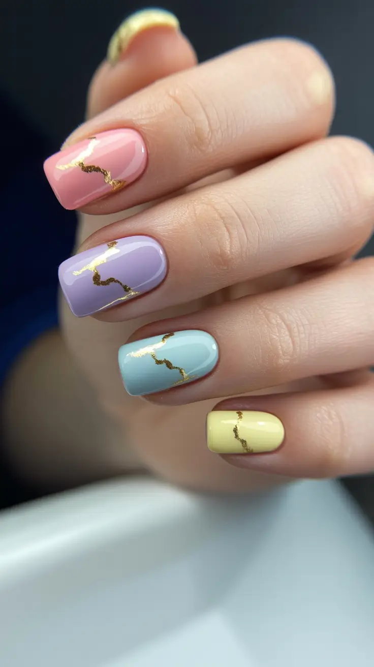 21 easter nails ideas 2026 Pastel Marble Nails With Gold Spring Veins