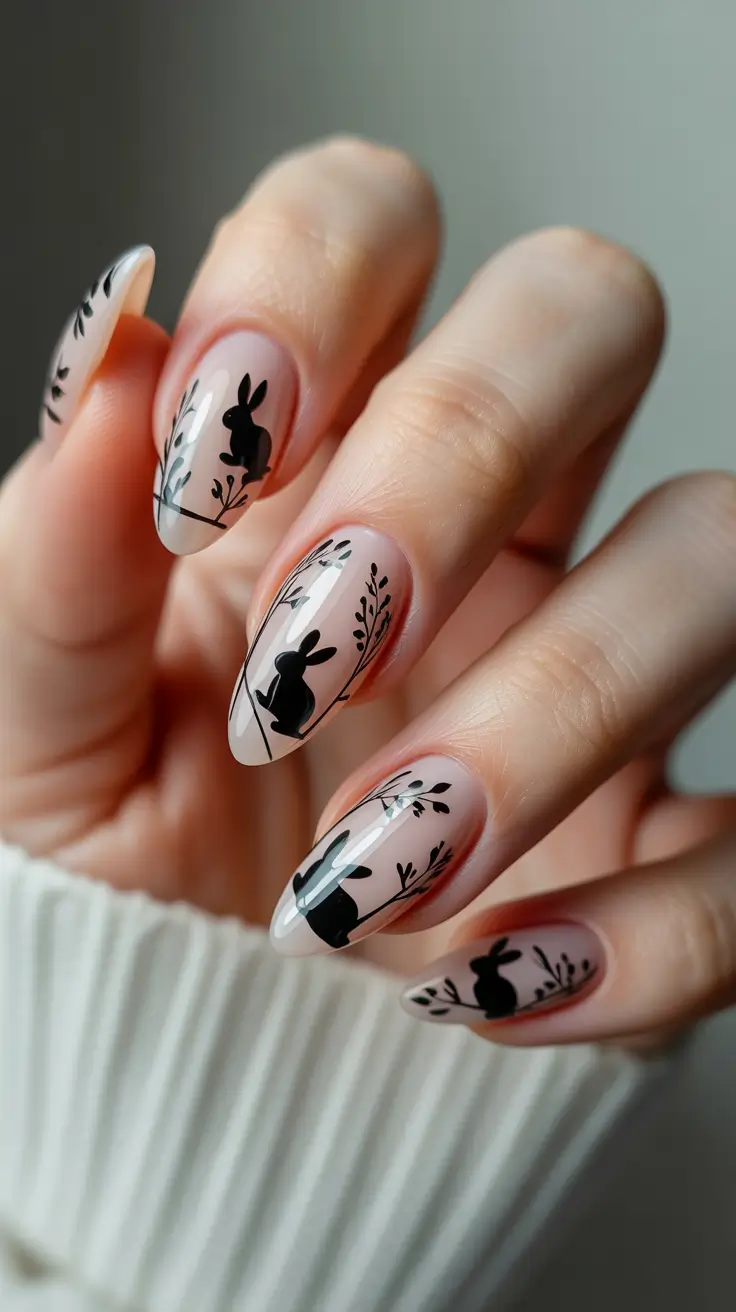 21 easter nails ideas 2026 Elegant Bunny Silhouette Almond Nails