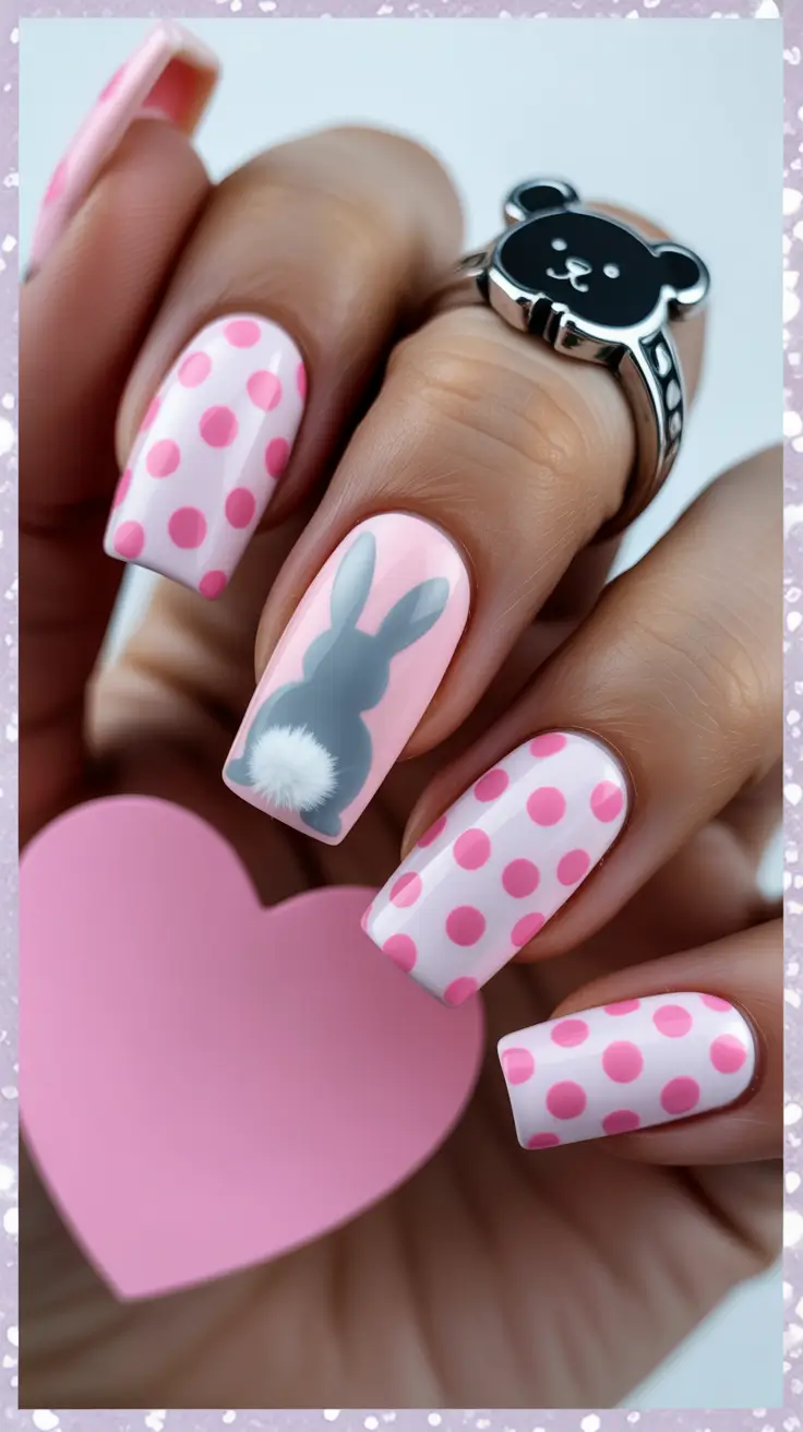 21 easter nails ideas 2026 Pink Polka Dot Easter Nails With Bunny Silhouette