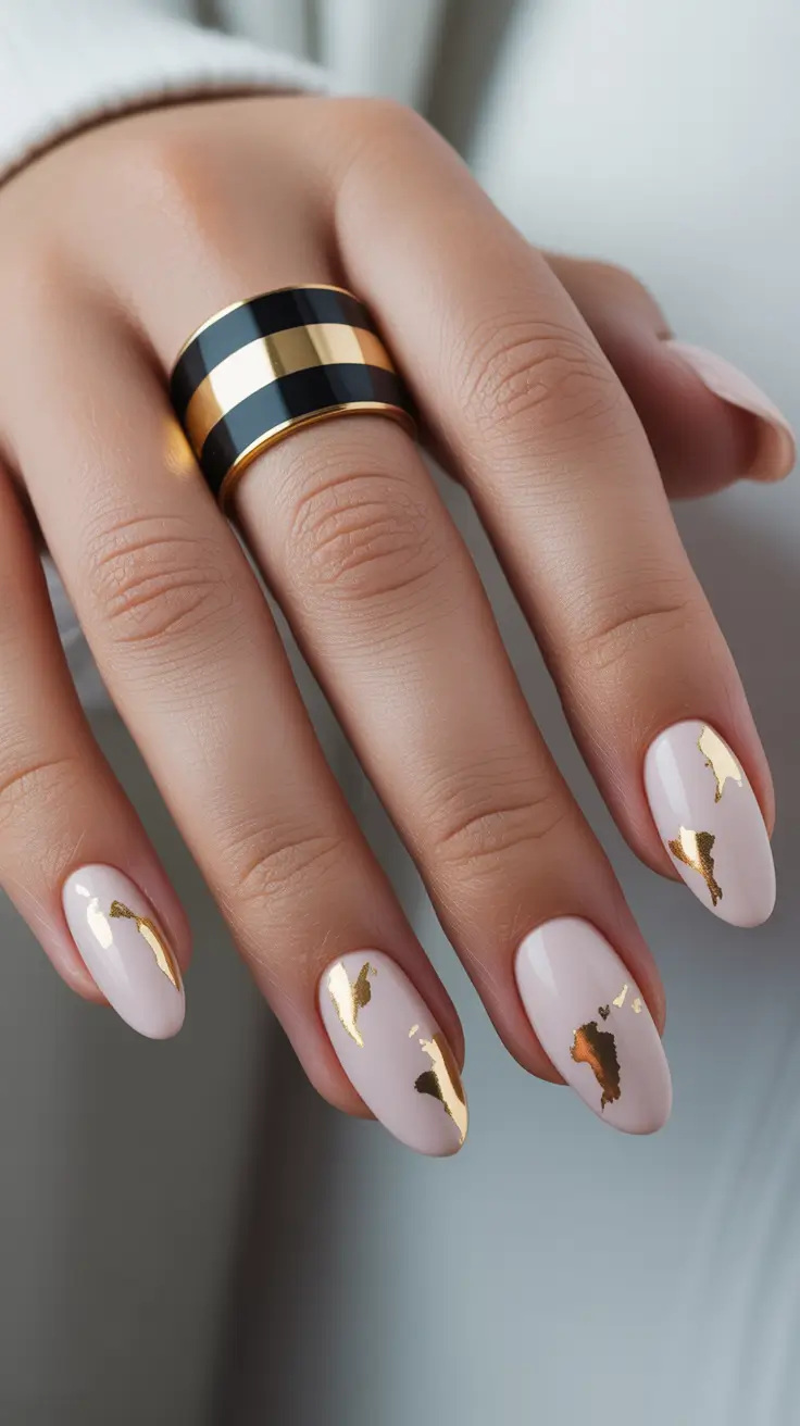 21 easter nails ideas 2026 Soft Nude Almond Nails With Delicate Gold Leaf