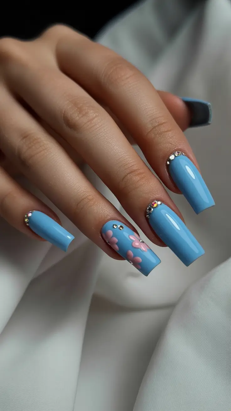 21 easter nails ideas 2026 Sky Blue Spring Acrylic Nails With Floral Accent