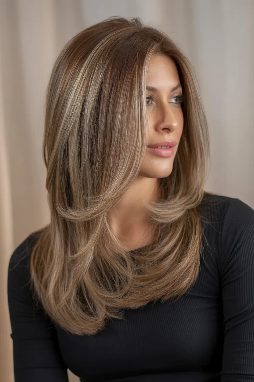 spring long haircut Feathered Champagne Layers With Soft Volume