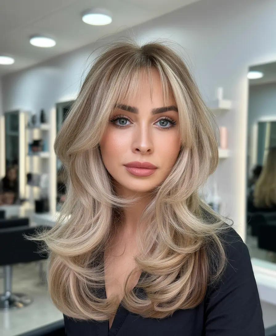 spring long haircut Layered Vanilla Blonde With Soft Airy Bangs