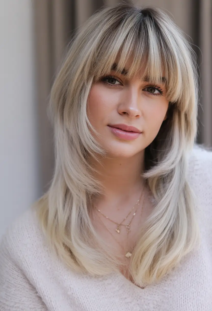 spring long haircut Long Platinum Shag With Full Fringe
