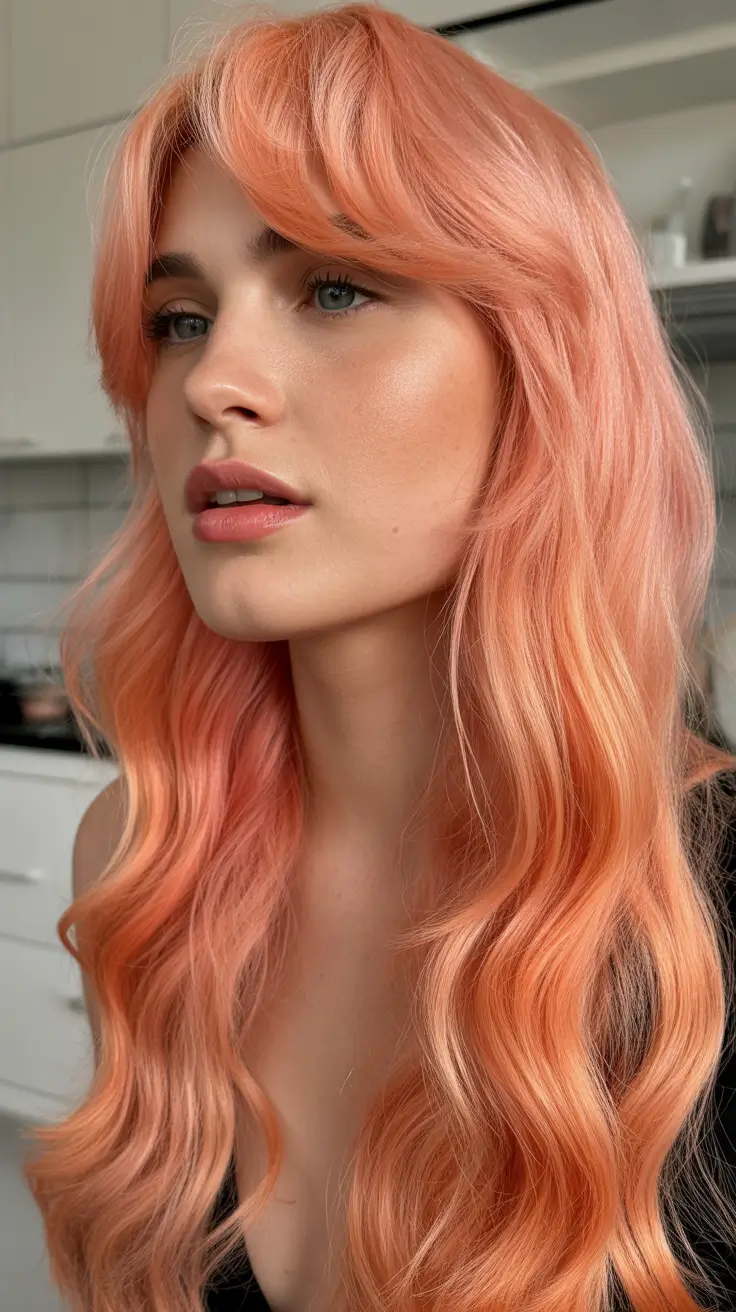 spring long haircut Soft Peach Layers With Wispy Curtain Bangs
