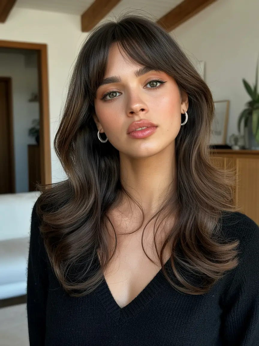 spring long haircut Soft Brunette Layers With Wispy Bangs