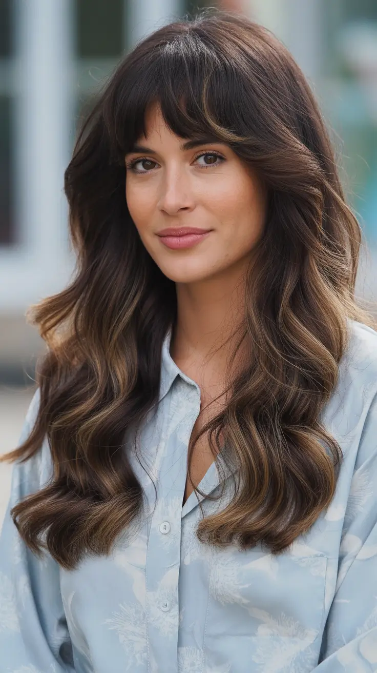 spring long haircut Long Brunette Waves With Curtain Fringe