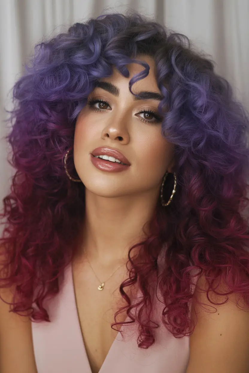 spring long haircut Voluminous Curly Plum With Dimensional Depth