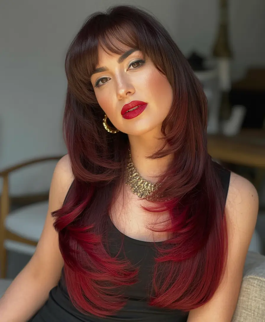 spring long haircut Layered Auburn With Soft Fringe and Sculpted Ends